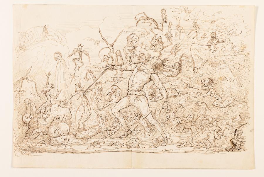 Een jongeman met zwaard ( St. Joris?) wordt aangevallen door monsters