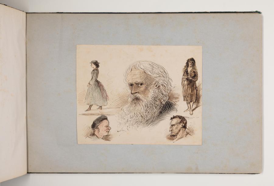 Drie mannenhoofden in profiel en twee staande vrouwenfiguren