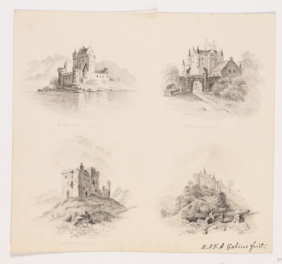 Vier gezichten op kastelen o.a. Lochleven Castle, Tully Veolan, Crichton Castle
