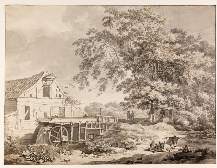 Landscape with a Water Mill, two Wanderers and two reclining Donkeys