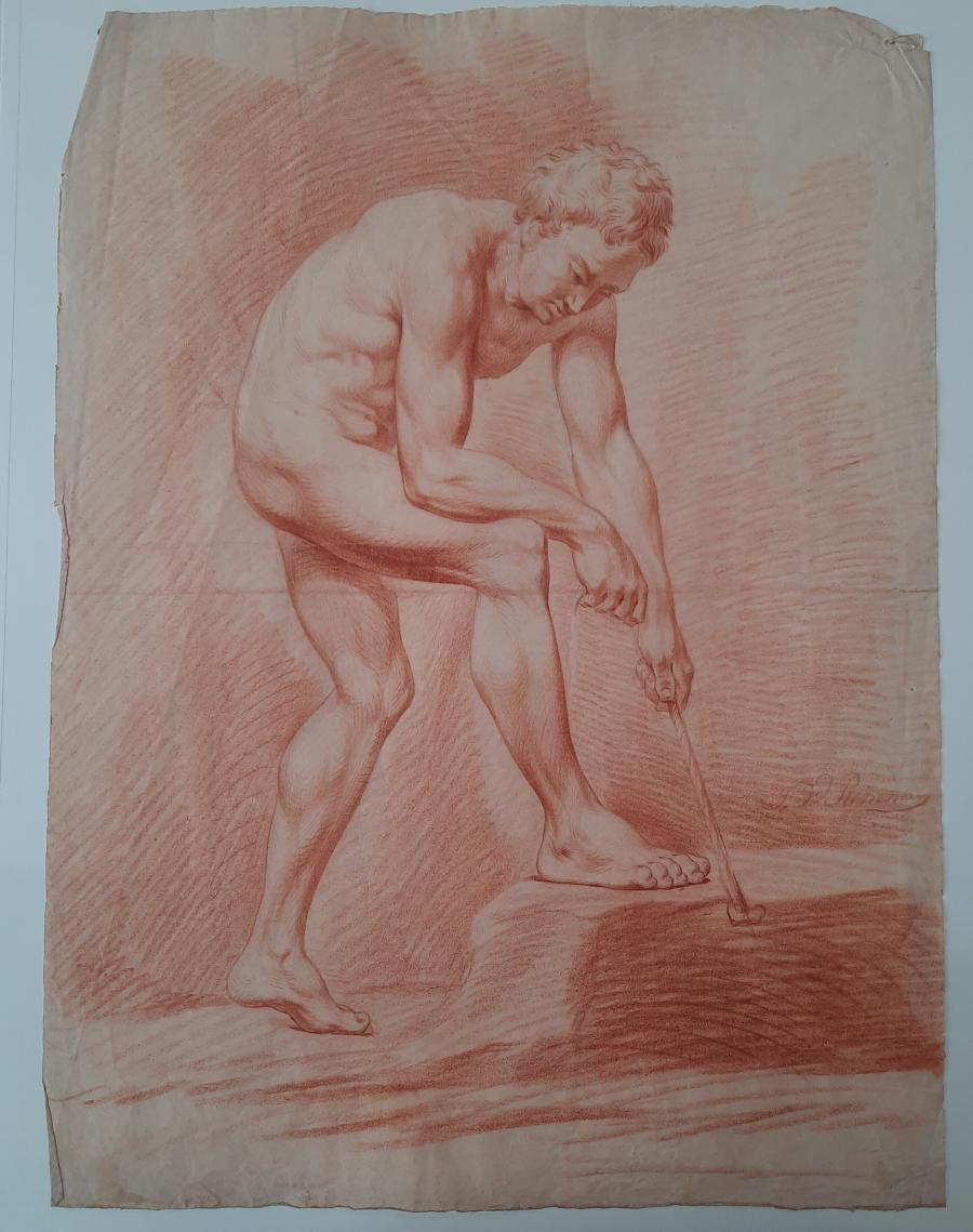 Academic Model Study of a Male Nude, bending over and pulling a Rope