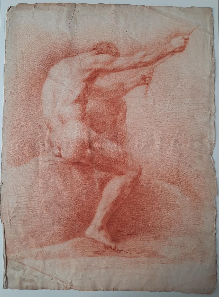 Academic Model Study of a Seated Male Nude, pulling a Rope