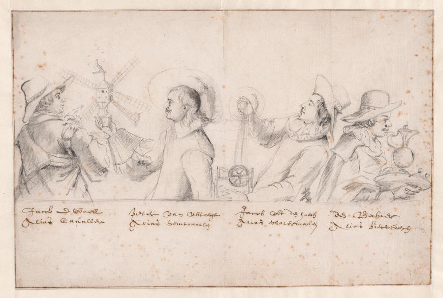 Portraits of Four Bentvueghels: Jacob de Waell alias Caualler,  Peter van Wtrecht alias Wintmoolen, Jacob wt den Haech alias Watermoolen, den Berbier alias Biervliech