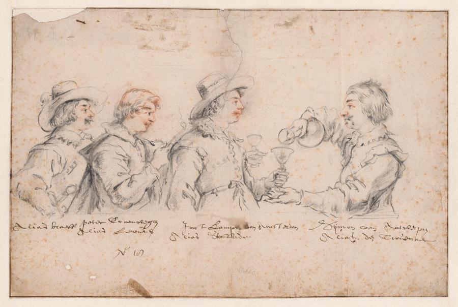 Portraits of Four Bentvueghels: Alias Braef ( Jean Ducamps uit Kamerik, genaamd Giovanni del Campo), Peter Groenwegen alias Leeuw (Pieter Groenewegen), Joost Lampen van Amsterdam alias Stokkade, Sijmon van Antwerpe alias den Toovenaar