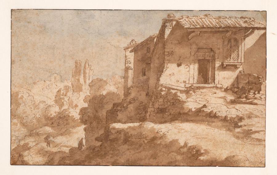 Italiaans landschap met een huis op een heuvel