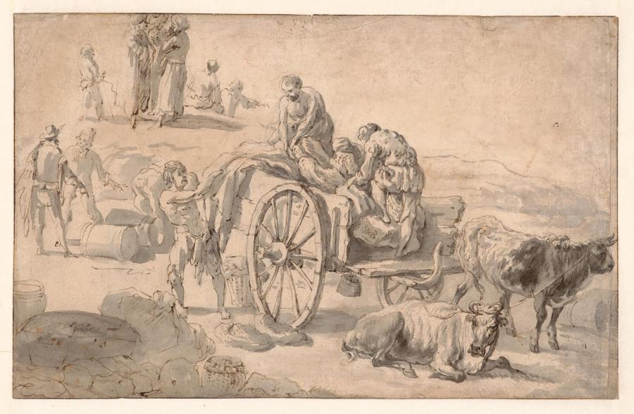 Ossenwagen die wordt gelost