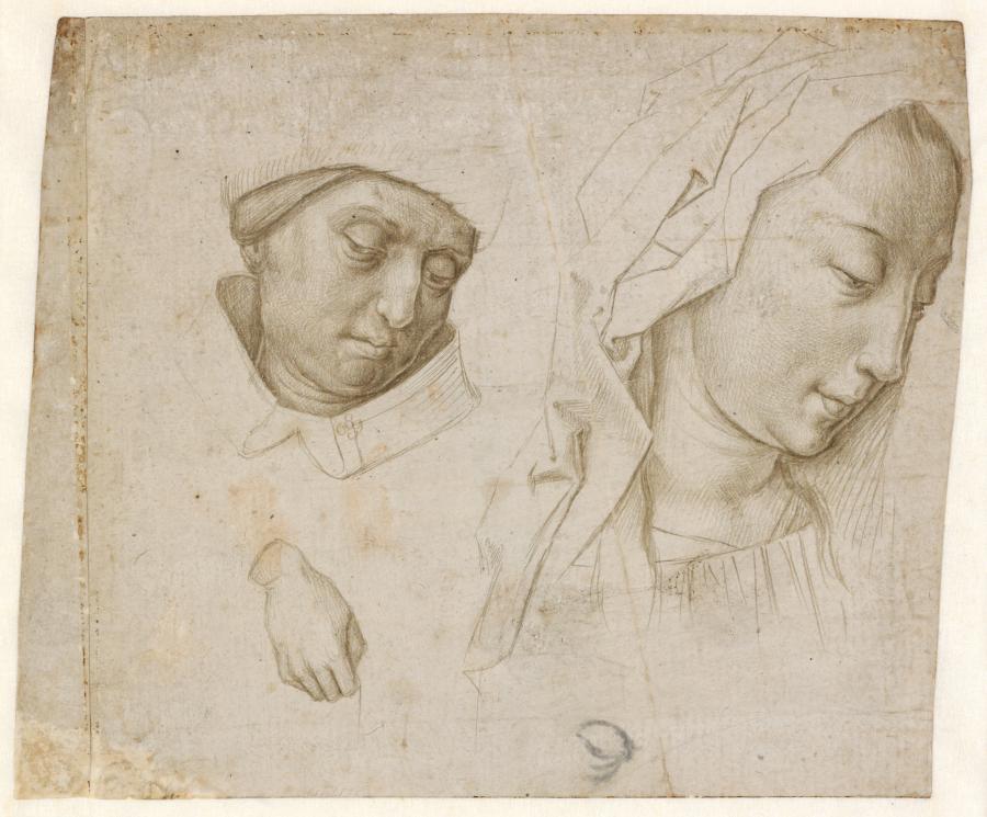 Studieblad met een mannenhoofd, een vrouwenhoofd, een hand en een oog