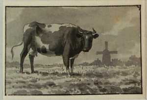 staande-koe-in-een-weiland-met-een-molen-in-het-verschiet-uit-een-serie-van-twaalf-studiebladen