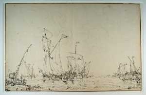 riviergezicht-met-schepen-bij-een-haven-voortekening-voor-de-aquarel