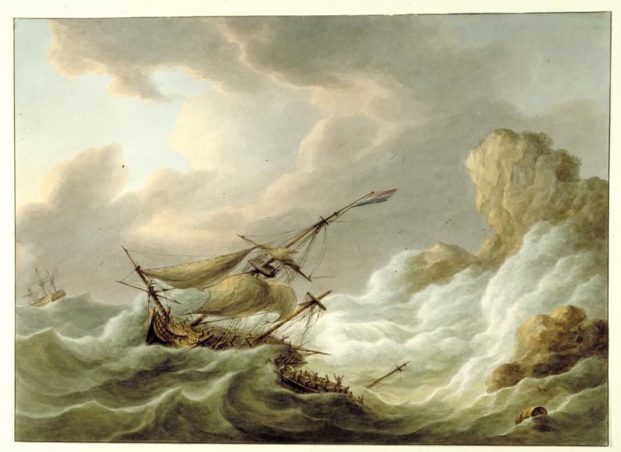 Storm op zee met een brik strandend aan lager wal - Museum Boijmans Van
