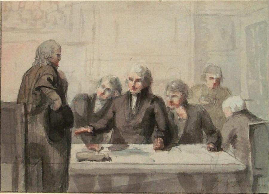 Interior Scene with a Meeting of Six Gentlemen Around a Table