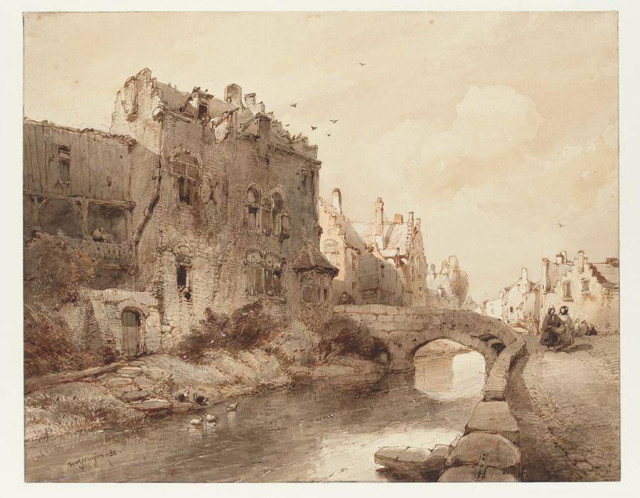 Oude huizen en een stenen brug over een gracht