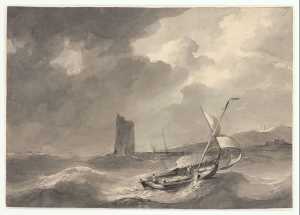 Zeilboot in een storm op zee, met vuurtoren