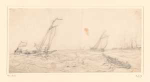 sailing-ships-and-a-rowing-boat-on-rough-water-near-a-harbour-front