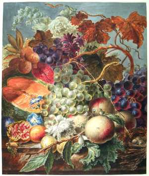 still-life-fruit-flowers-leaves-and-a-bird-nest-on-a-plinth