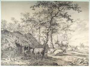 landman-voert-zijn-paard-onder-een-hoge-boom-bij-een-schuur-daarnaast-koeien