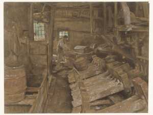 papermaking-by-hand-in-the-paper-mills-of-apeldoorn-row-of-stampers-breaking-up-the-rags-to-make-them-fibrous-behind-it-a-man-at-a-hollander-beater