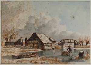 winter-landscape-with-barns-and-a-wooden-bridge-on-a-frozen-canal