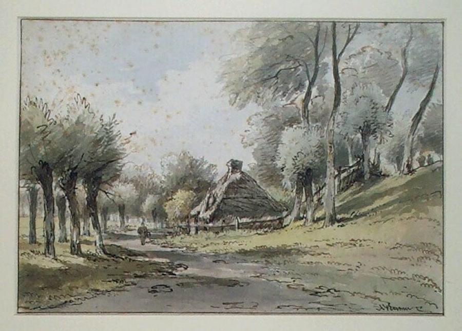 Landweg met knotwilgen en een boerenwoning aan een dijk