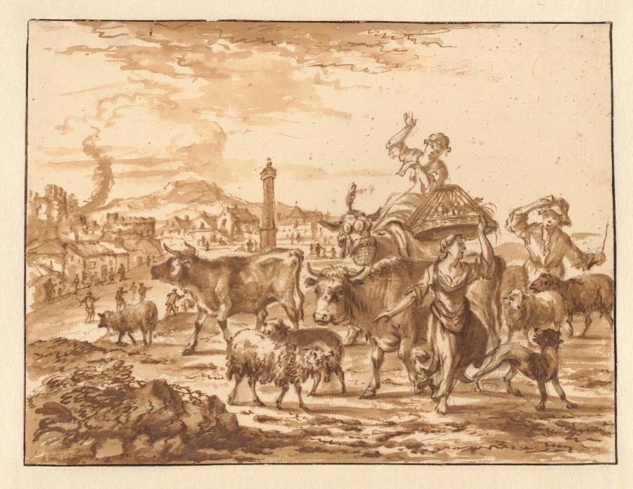 Italian Landscape with Figures and Animals, and in the Background a Town
