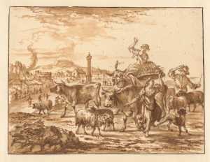 italiaans-landschap-met-figuren-en-dieren-en-op-de-achtergrond-een-dorp