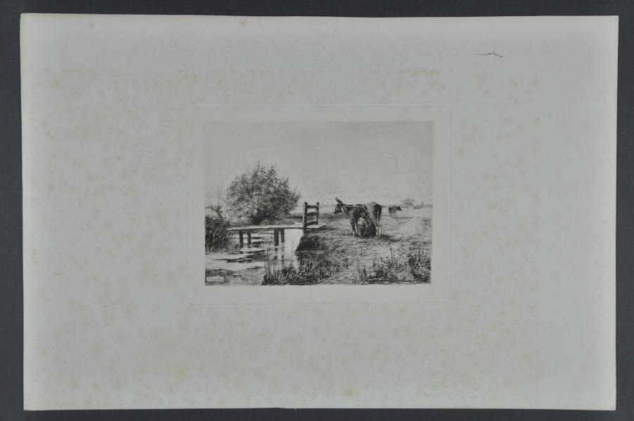 Landschap met een vrouw die een koe aan het melken is