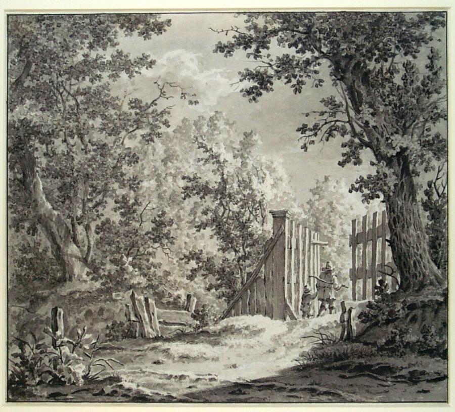 Forest Landscape with Hikers near a High Fence