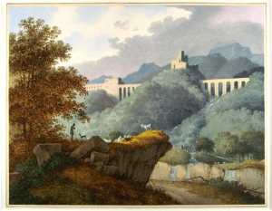 zwitsers-berglandschap-bij-fluelen-in-het-kanton-uri-met-een-uit-de-fantasie-toegevoegd-romeins-aquaduct