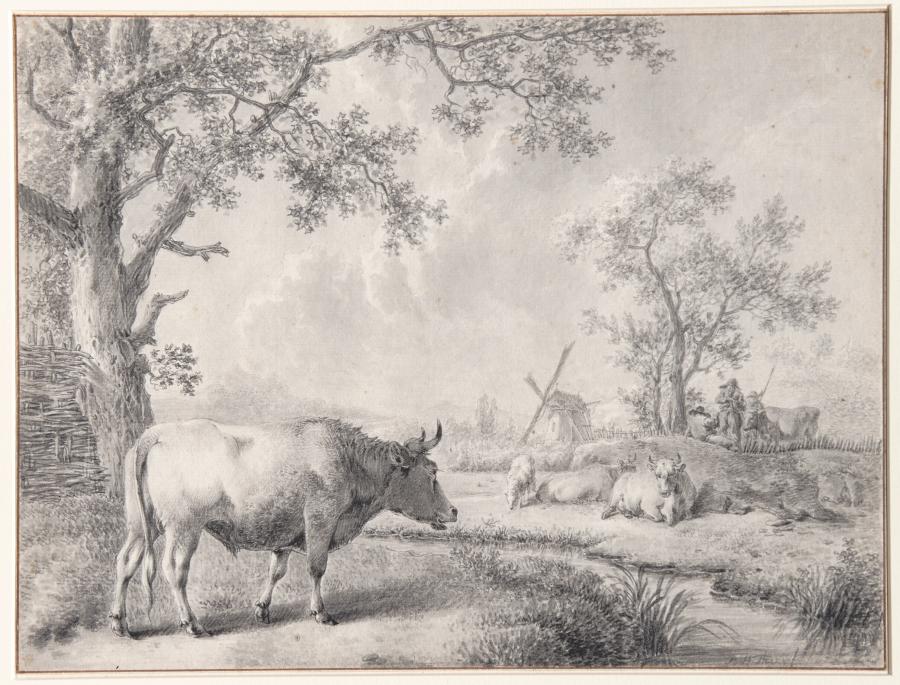 Landscape with a Bull and a Cow Herd, Separated by a Creek, a Windmill in the Distance