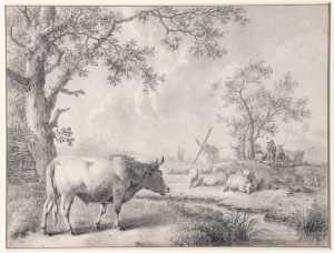 landscape-with-a-bull-and-a-cow-herd-separated-by-a-creek-a-windmill-in-the-distance
