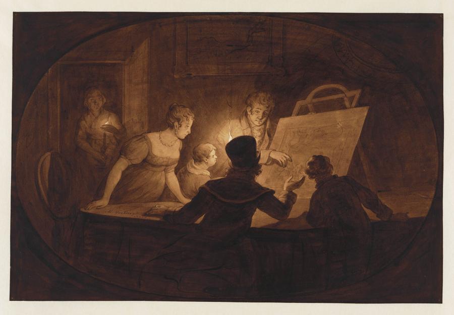Kunstbeschouwing bij kaarslicht  in een interieur