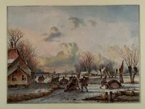 winter-landscape-with-people-and-sleds-on-a-frozen-canal