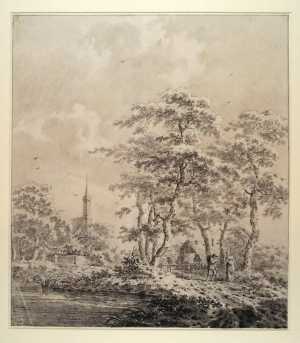 landschap-met-reizigers-op-een-pad-onder-hoge-bomen