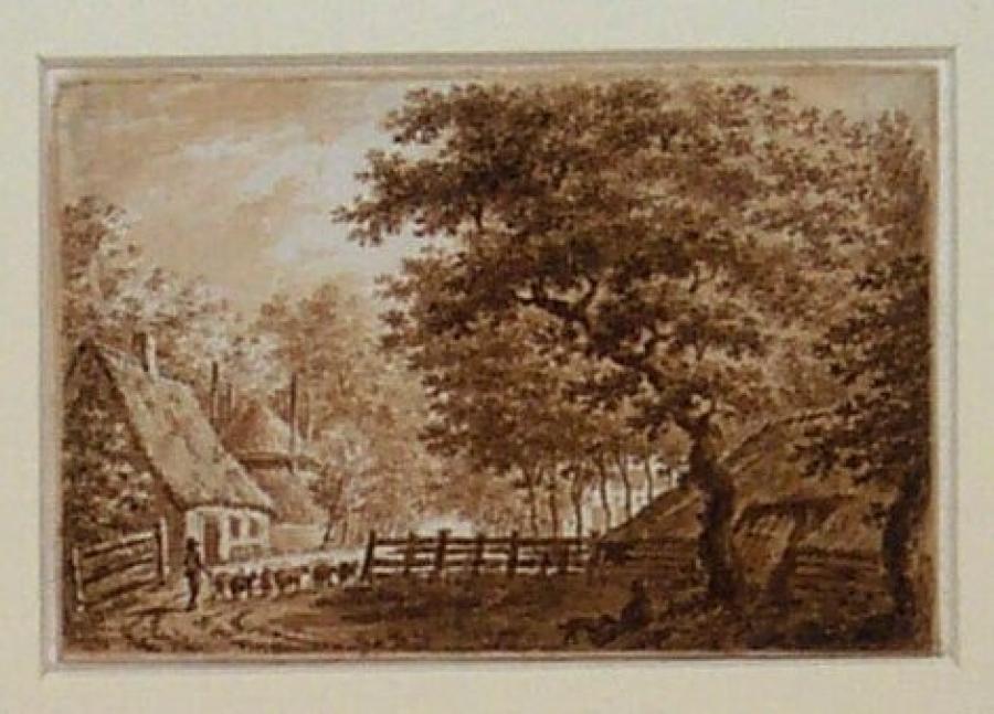 Bosgezicht met kudde voor een boerderij