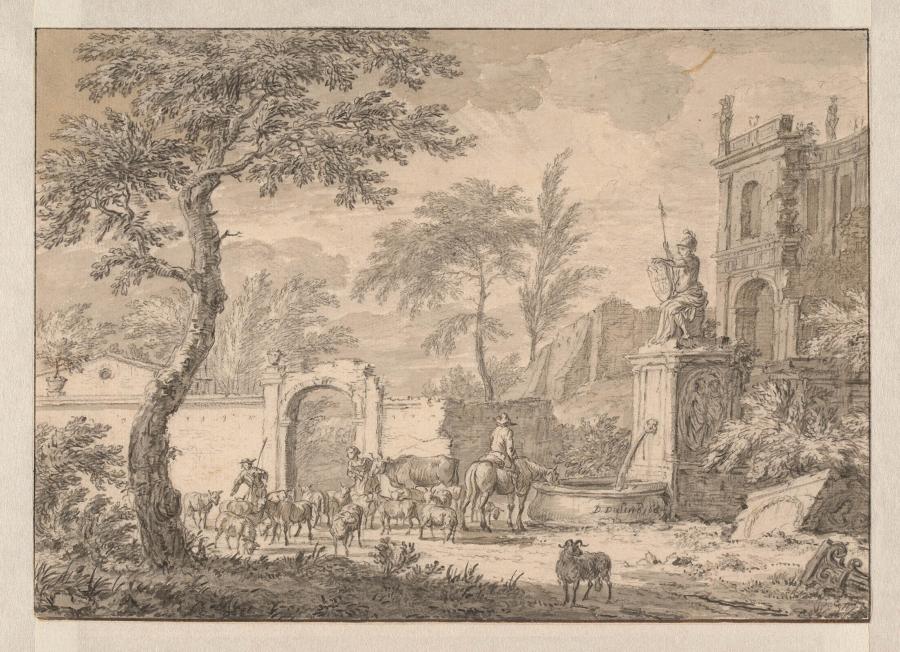 Rider and a Herd by a Fountain, with a Ruined Building in the Background