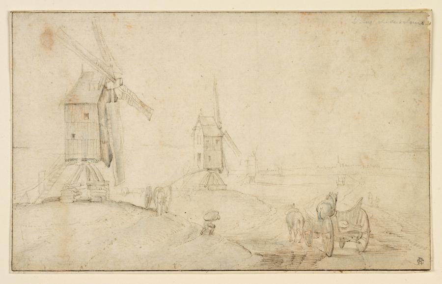 Landschap met molens en boerenwagens 