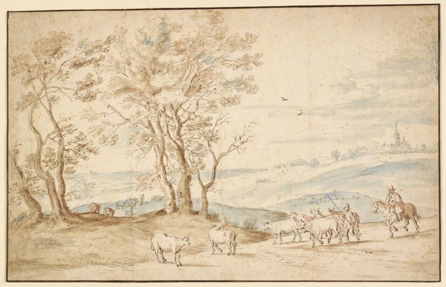 Landschap met herders en koeien en een ruiter
