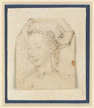 een-vrouwenhoofd-met-ingevlochten-haar-en-een-plat-hoofddeksel-driekwart-naar-links-gewend