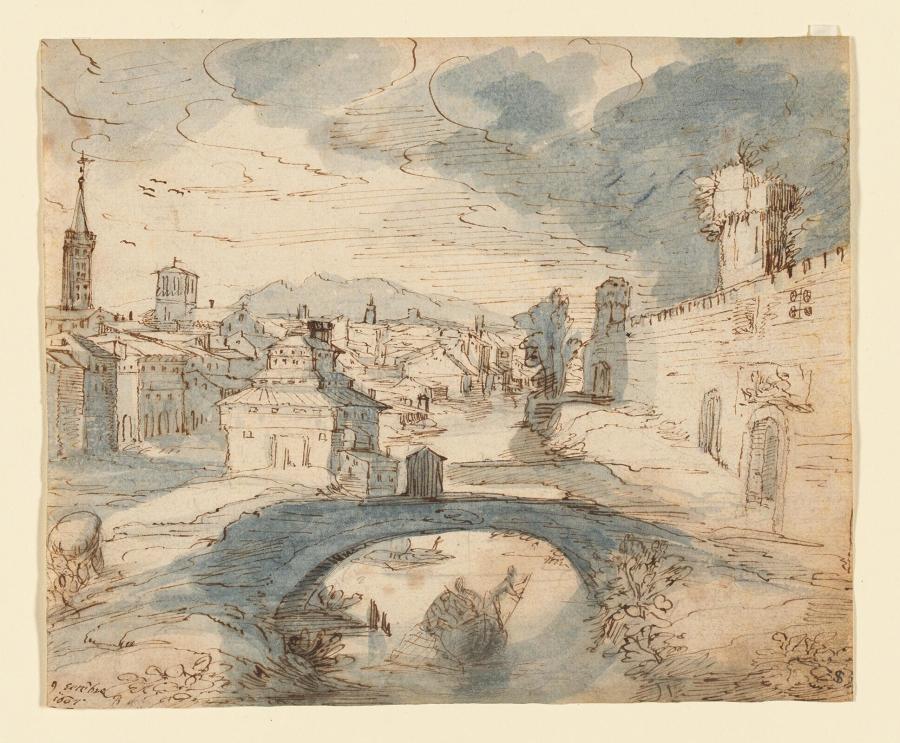 View of an Italian Town with an Arched Bridge