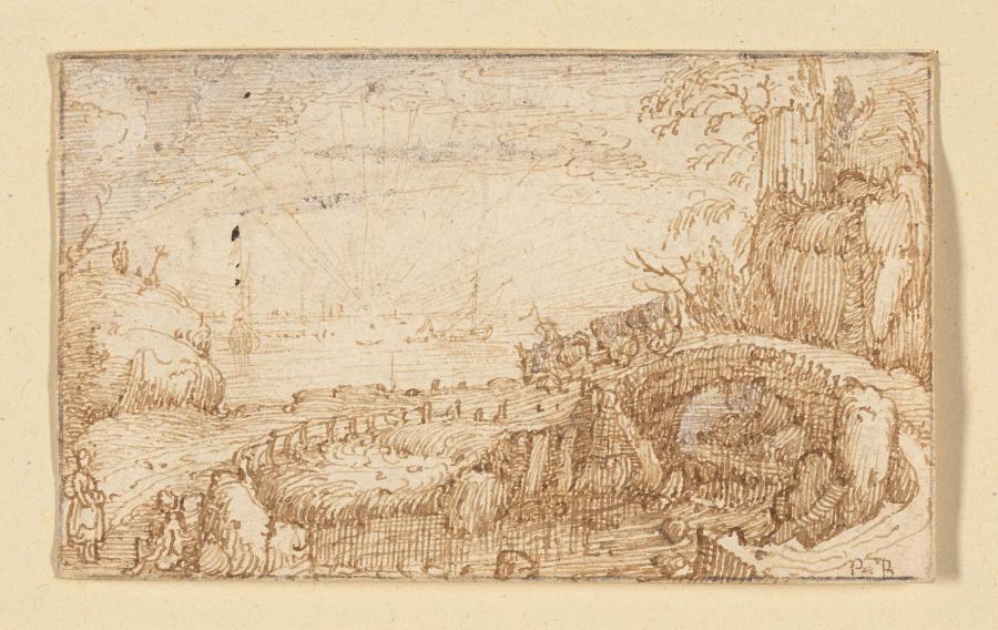 Landschap met een brug bij een zonsopkomst of zonsondergang