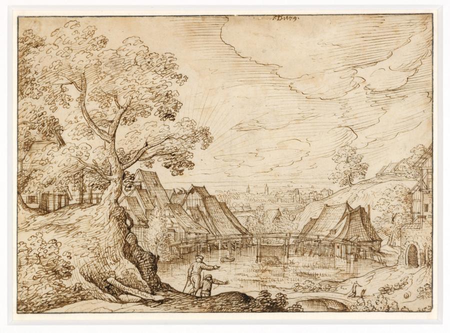 Village View with Watermills on a Pond