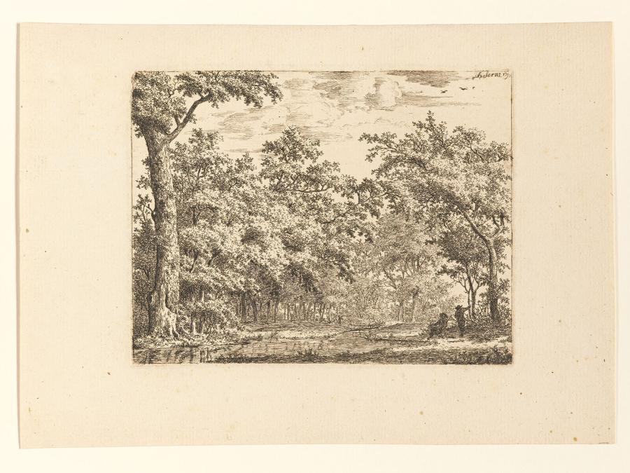 Twee figuren bij een vijver in een bomenrijk landschap