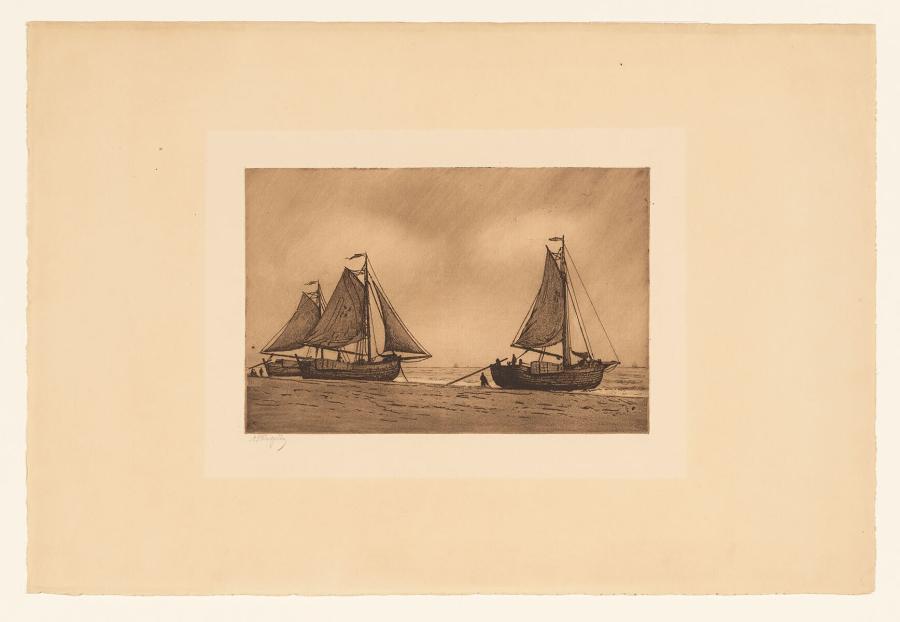 View on the Beach of Katwijk with three Fishing Boats on the Coastline