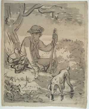seated-hunter-and-his-dog-under-a-tree-near-a-pool
