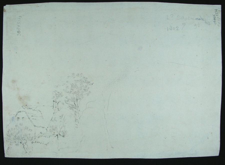 Schets van bomen om een boerderij