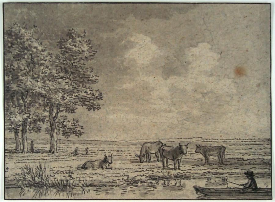 Polder Landscape with Cattle and a Man in a Boat on a Canal
