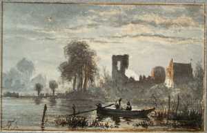 rivierlandschap-met-vissersboot-bij-een-ruine