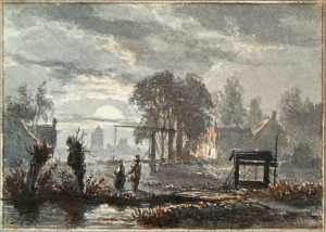 twee-figuren-in-een-avondlandschap-met-huizen-een-hefbrug-en-een-stad-op-de-achtergrond