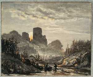 avondlandschap-met-een-ruine-op-een-heuvel