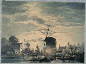 molen-aan-de-rand-van-een-plas-bij-avondlicht